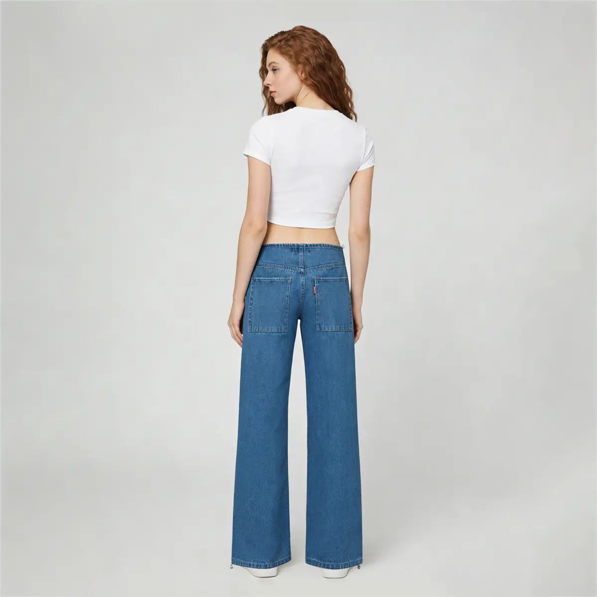 Pwest NYC Low-Rise Wide-Leg Jeans — Adjustable Drawstring Waistband/Hem, Relaxed Straight Cut, Soft Daily Wear-Spring Summer