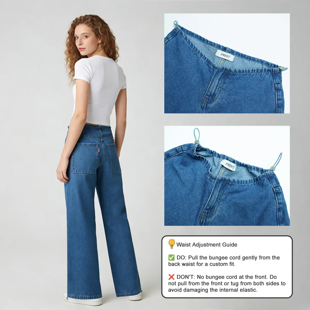 Pwest NYC Low-Rise Wide-Leg Jeans — Adjustable Drawstring Waistband/Hem, Relaxed Straight Cut, Soft Daily Wear-Spring Summer
