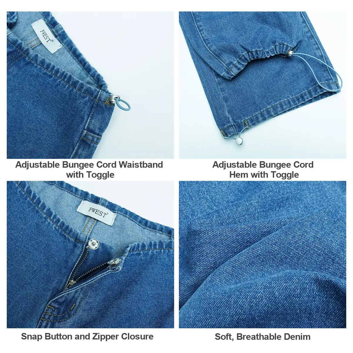 Pwest NYC Low-Rise Wide-Leg Jeans — Adjustable Drawstring Waistband/Hem, Relaxed Straight Cut, Soft Daily Wear-Spring Summer