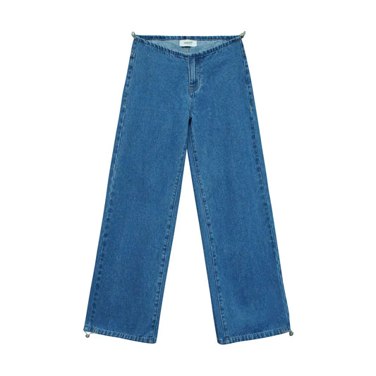 Pwest NYC Low-Rise Wide-Leg Jeans — Adjustable Drawstring Waistband/Hem, Relaxed Straight Cut, Soft Daily Wear-Spring Summer