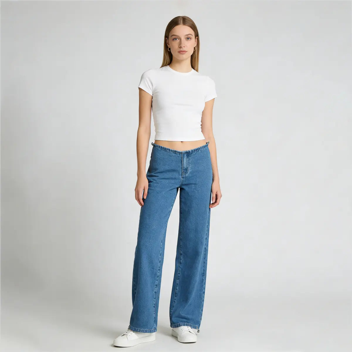 Pwest NYC Low-Rise Wide-Leg Jeans — Adjustable Drawstring Waistband/Hem, Relaxed Straight Cut, Soft Daily Wear-Spring Summer