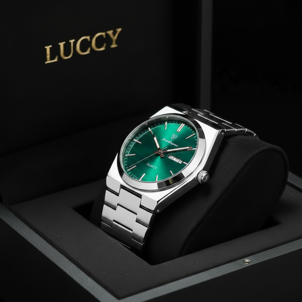 Reloj Luccy rosado con centro verde esmeralda